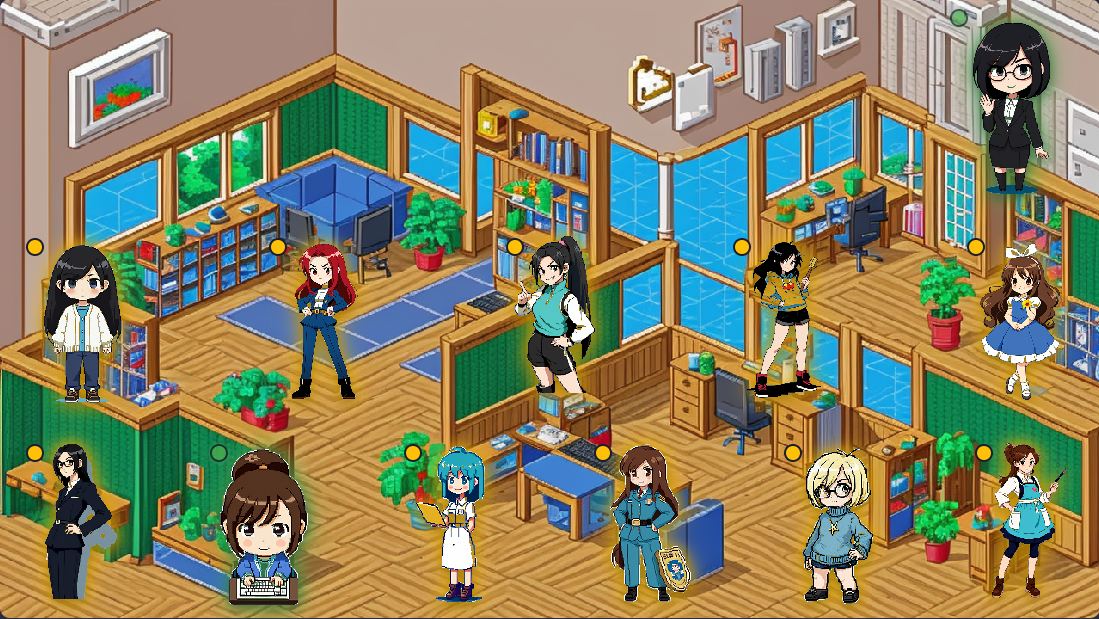 イラスト表示の画面：オフィス背景の上に12体のドット絵キャラクターが奥に5人・手前に6人・右上の一段高い場所に1人並び、頭上の丸は右上の1人が作業中の緑、多くが待機中の黄色、1人だけ状態不明の灰色になっている