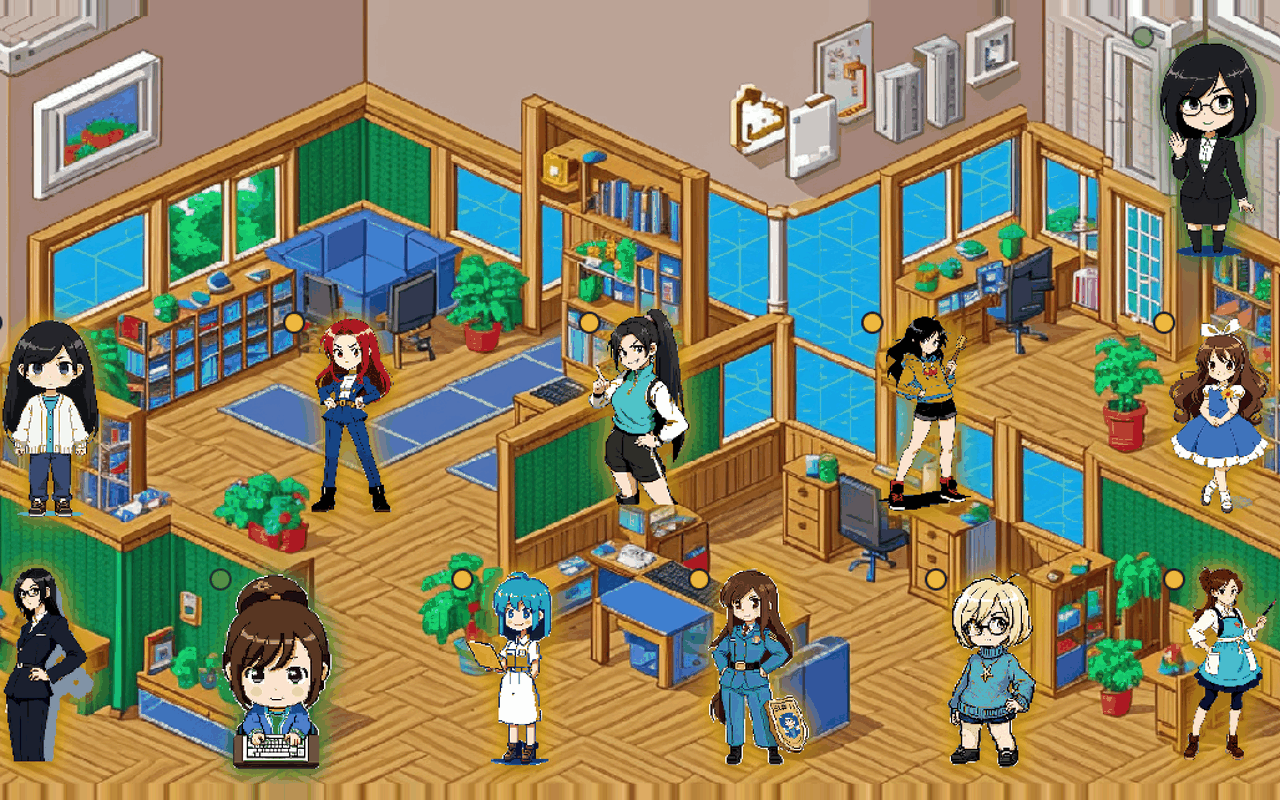 AIドット絵オフィスの画面：ドット絵のオフィスに12人のキャラクターが並び、ほとんどのキャラクターの頭上に稼働状態を示す小さな丸が付いている